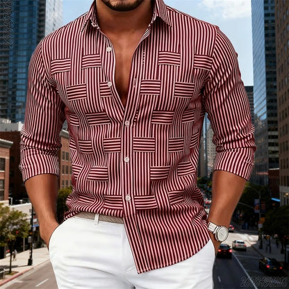 Men's Fashion Blue And White Striped Long-Sleeve Shirt