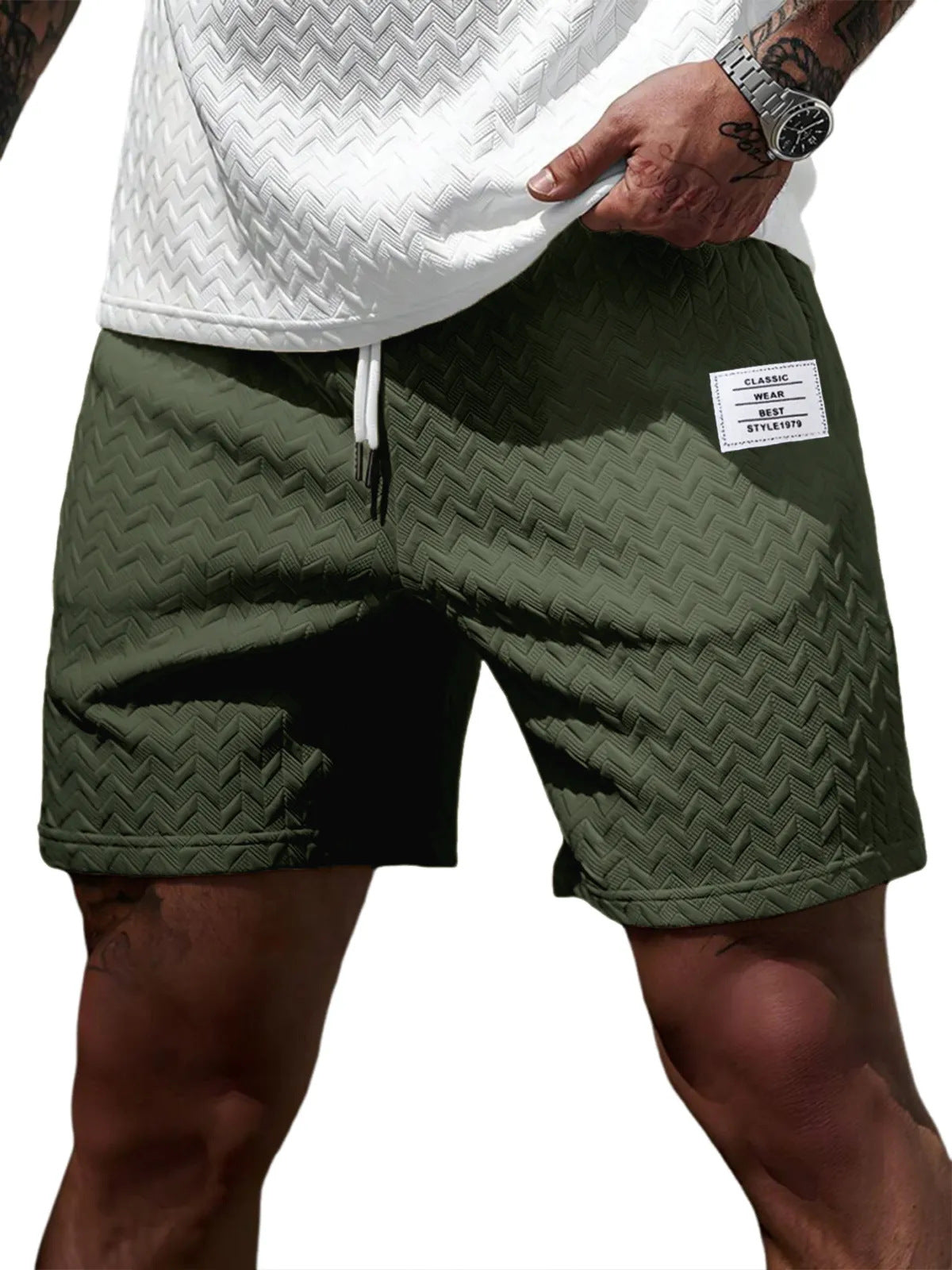 Loose-fitting Solid-color Jacquard Drawstring Casual Shorts Beach Pants