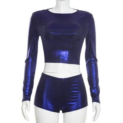 Womens Round-Neck Shiny Sheath Three-Quarter Pants Set