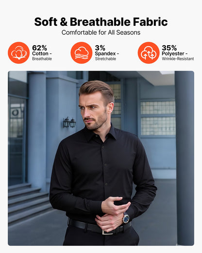 Men's Button Up Shirt, Mens Long Sleeve Wrinkle-free Button Down Dress Shirts, Slim Fit Soft Stretch Fabric For Business Casual Or Formal, Work, Wedding, Dinner, Black, XL Size