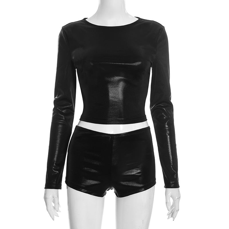 Womens Round-Neck Shiny Sheath Three-Quarter Pants Set