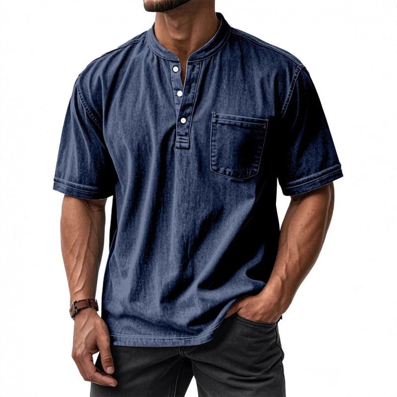 Men's Casual All-Match Short-Sleeve Button-Up Crew-Neck Shirt