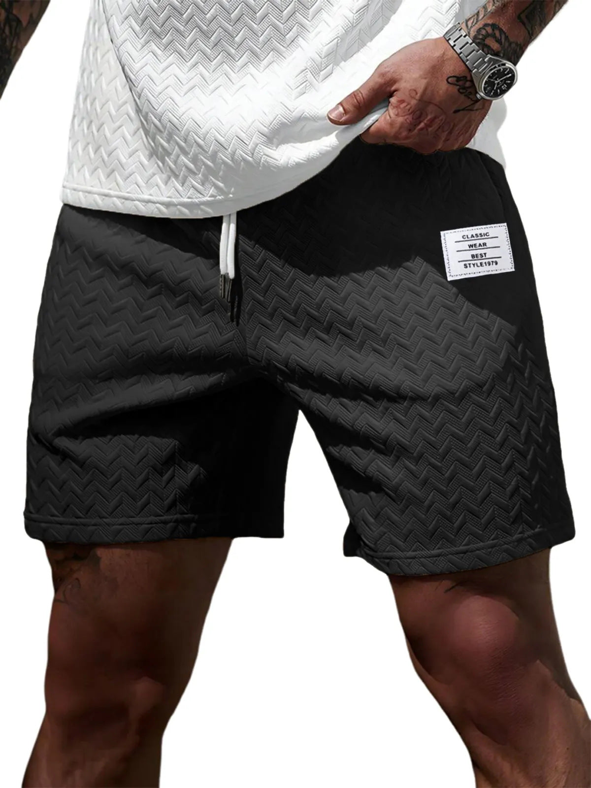 Loose-fitting Solid-color Jacquard Drawstring Casual Shorts Beach Pants